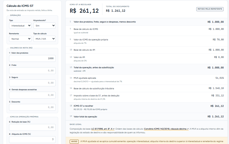 Cálculo do ICMS-ST, linha a linha