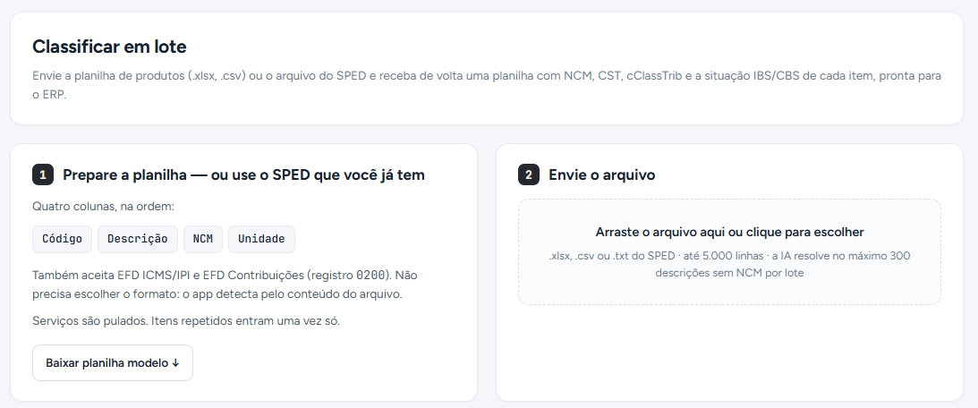 Classificação de produtos em lote, com o resultado em planilha